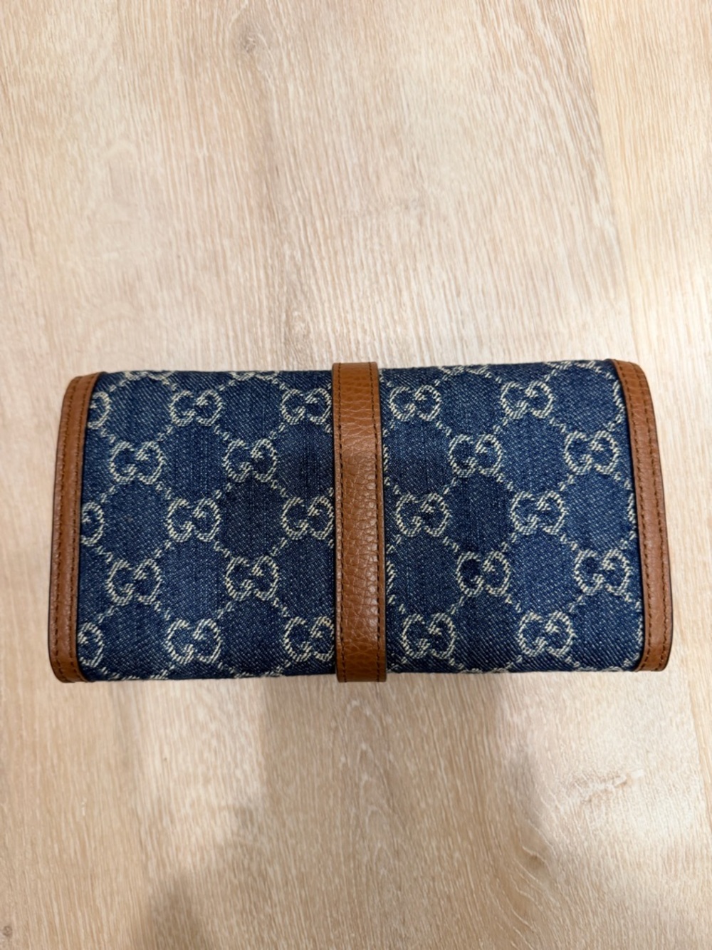 Gucci Blue Denim GG Monogram Continental Wallet with Brown Trim - Picture 3 of 7